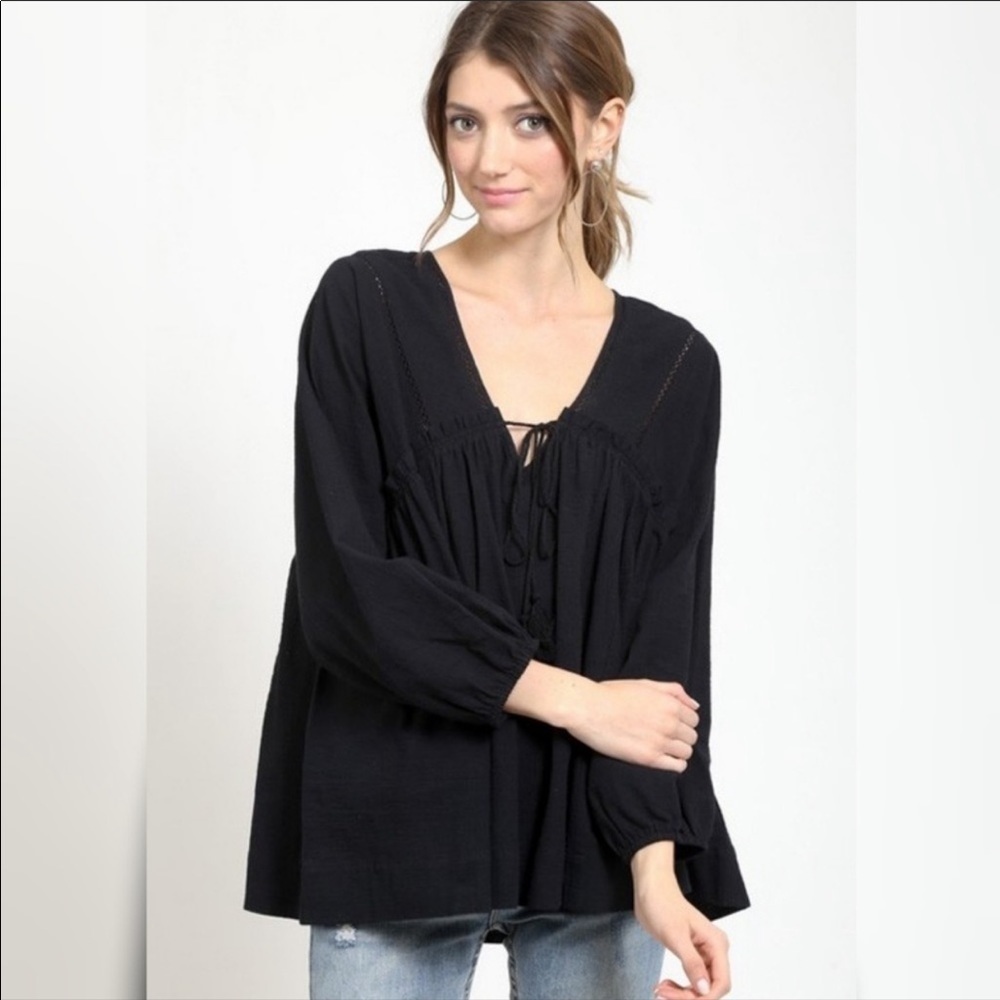 🌸2/$50 Ladder Lace Peasant Blouse BLACK 100% Cotton NIP